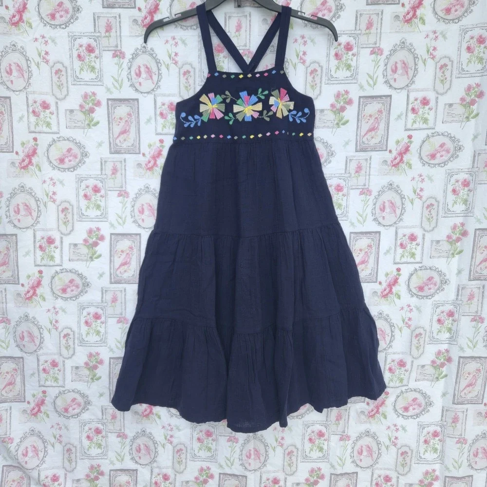 Gap Girls Navy Blue Cotton Tiered Dress Colorful Embroidered Flowers Sz‎ L 10-12